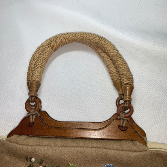 VINTAGE Handmade Wool Top Handle Tote Handbag Embroidered Detail - Picture 8 of 10